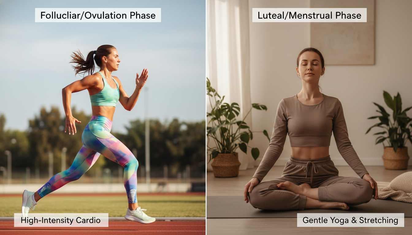 생리 주기에 따른 운동법 비교: 고강도 러닝과 부드러운 요가를 하는 여성
