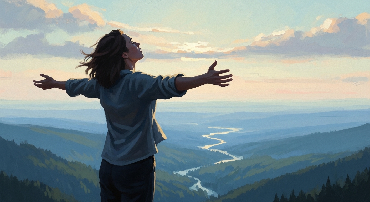 A person standing at the top of a mountain, taking a deep breath with arms outstretched, facing a cool, refreshing breeze.