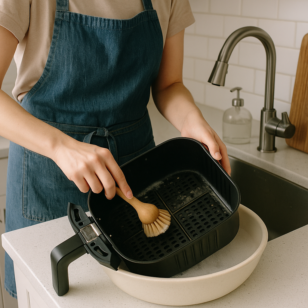 깨끗한 주방 싱크대에서 에어프라이어 바스켓을 부드러운 솔로 셀프 청소하는 모습
