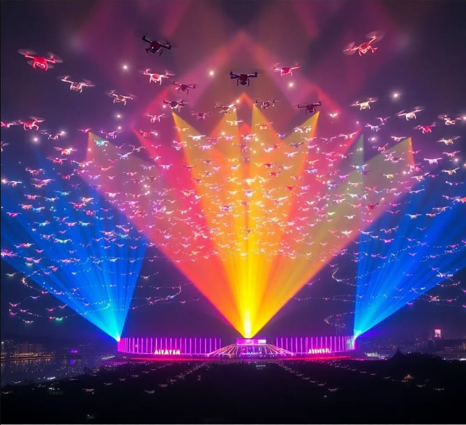 드론이 만들어내는 다양한 형상의 불빛을 담은 이미지