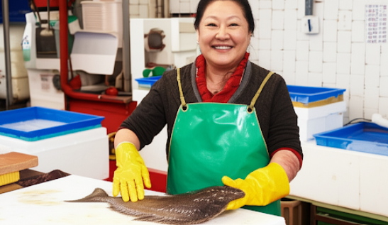 A beaming female fish market owner