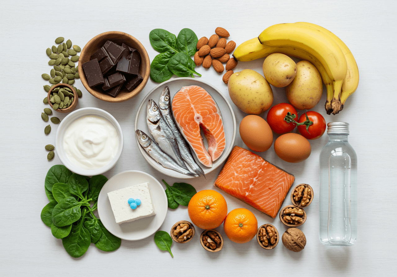 위에서 내려다본 음식 사진. 연어, 작은 생선, 달걀, 요거트, 두부(파란 알약 2정), 시금치, 호박씨, 아몬드, 초콜릿, 호두, 바나나, 감자, 토마토, 귤, 물병이 가지런히 놓여 있음. 다리 저림 완화에 도움 되는 재료들.