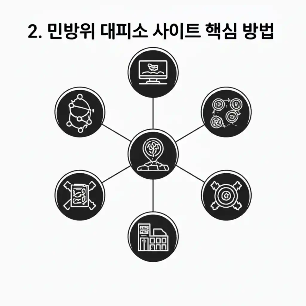 민방위 대피소 사이트 접속 후 대피소를 검색하는 화면. 2. 핵심 방법을 시각적으로 설명합니다.