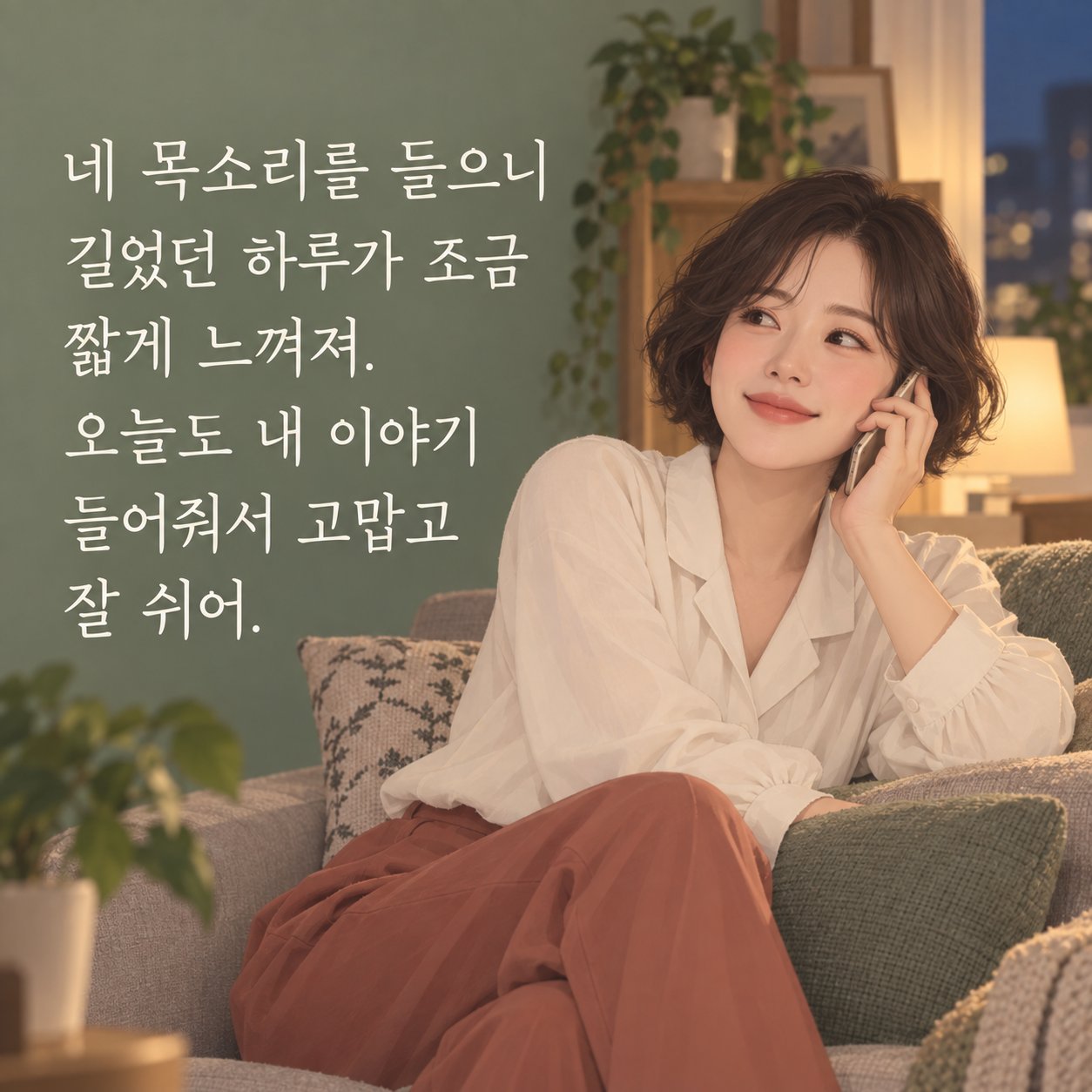 연인에게 보내는 다정한 저녁 인사 이미지 17 — 네 목소리를 들으니 길었던 하루가 조금 짧게 느껴져. 오늘도 내 이야기 들어줘서 고맙고 잘 쉬어.