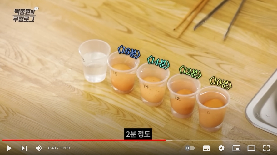 삶은 계란을 찬물에 식히는 과정