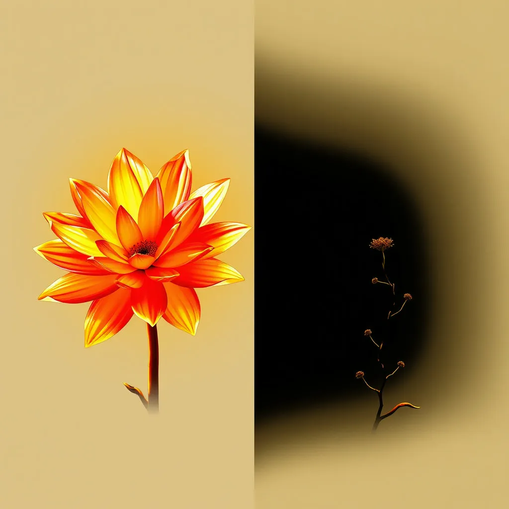 한쪽은 활짝 피어나는 꽃(티몬)과 다른 한쪽은 시들어가거나 고립된 모습(위메프)을 동시에 보여줍니다. 빛이 비추는 곳과 어두운 그림자가 드리워진 곳을 명확히 구분하여 두 회사의 상반된 운명을 극적으로 나타냅니다.