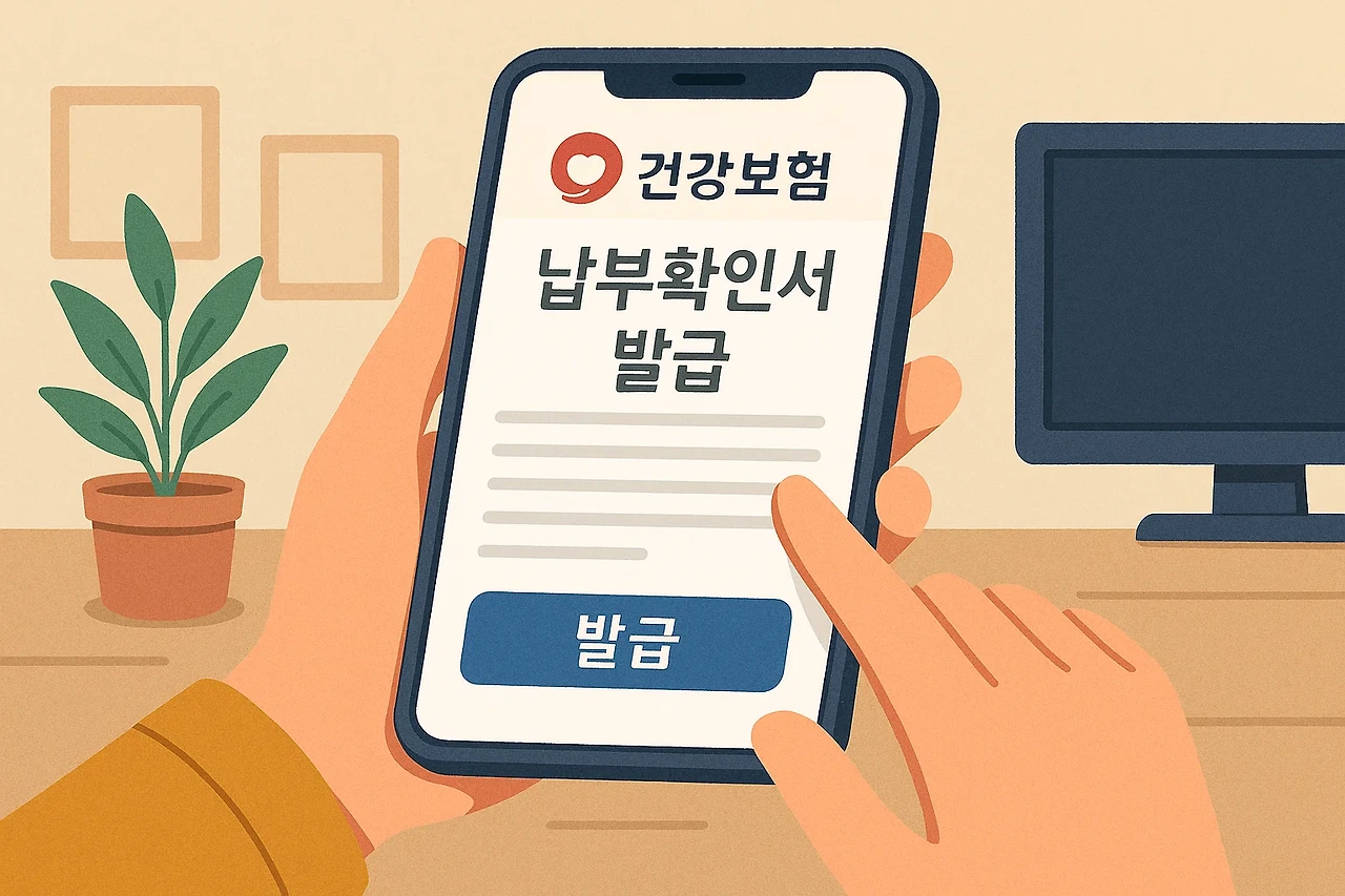 건강보험료 납부확인서를 모바일 앱으로 발급받는 장면 일러스트