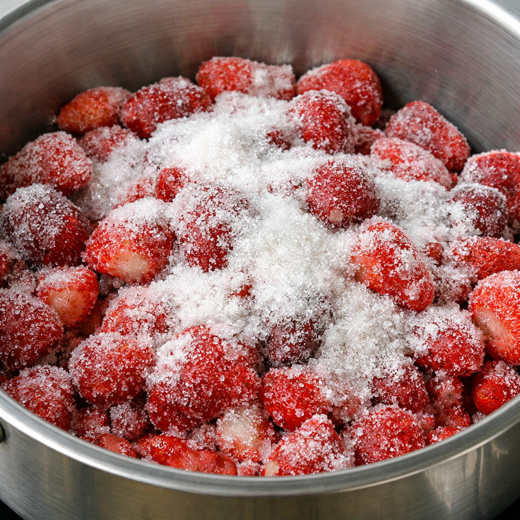 냉동딸기에 설탕을 넣어 잼 만들기 전 준비한 모습입니다.