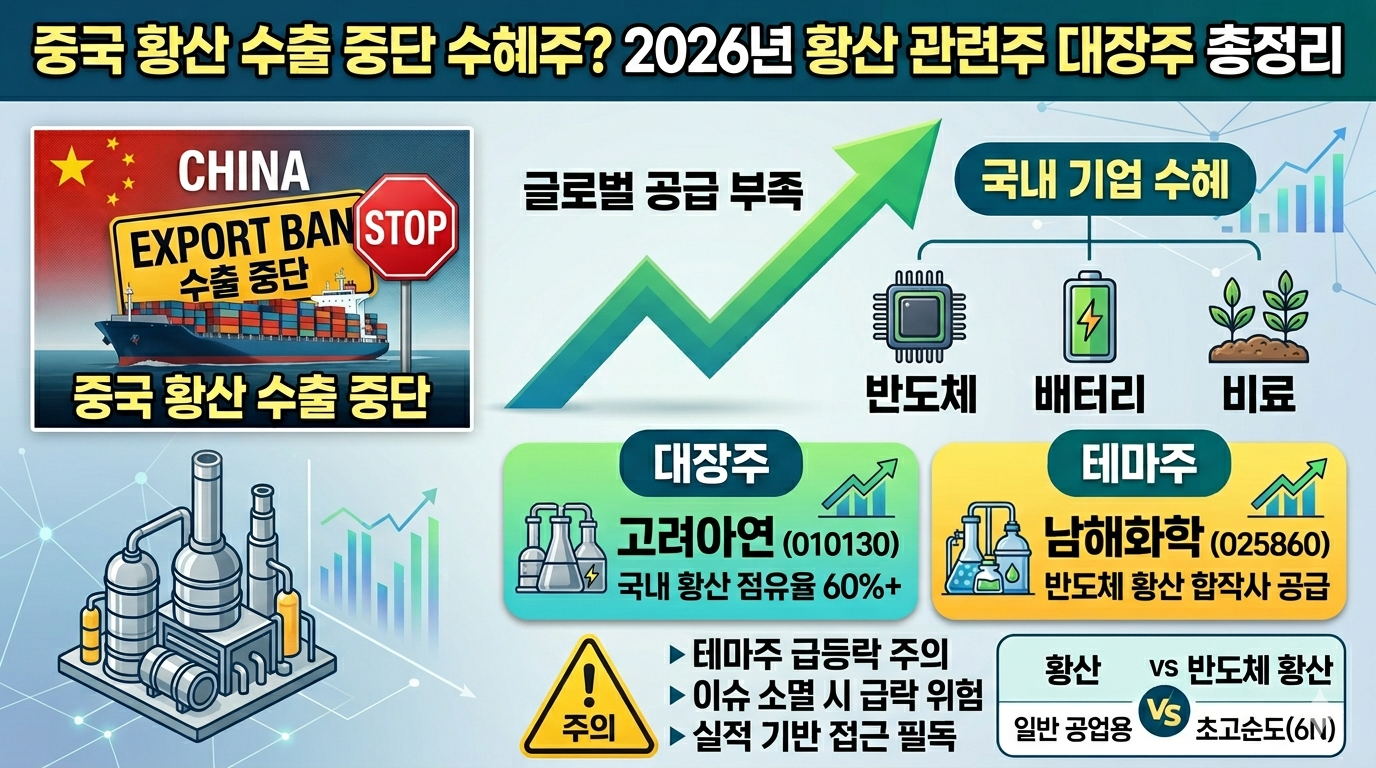 [전체 구성 요약]
2026년 중국의 황산 수출 중단 이슈와 관련된 국내 수혜주 및 대장주를 정리한 블로그 썸네일 이미지입니다. 신뢰감을 주는 금융 및 산업 분석 인포그래픽 스타일로, 청록색 배경에 텍스트와 다양한 시각 자료(그래프, 아이콘, 선박 일러스트)를 배치하여 정보를 명확하게 전달합니다.

[세부 내용 요약]

메인 제목 (상단): 가장 크고 강조된 글씨로 "중국 황산 수출 중단 수혜주? 2026년 황산 관련주 대장주 총정리"라고 적혀 있습니다.

왼쪽 상단 (핵심 이슈): 오성홍기(중국 국기)와 함께 "CHINA" 및 "EXPORT BAN STOP" (수출 중단) 표지판이 달린 대형 컨테이너선 일러스트가 있습니다. 그 아래에는 "중국 황산 수출 중단"이라는 한글 텍스트와 영어 텍스트가 명시되어 있어 사건의 핵심을 시각화합니다.

중앙 (시장 기회): 거대한 초록색 상승 화살표가 대각선 위로 뻗어 있으며, 그 주변으로 다음과 같은 정보가 배치되어 있습니다.

화살표 위: "글로벌 공급 부족" (Global Supply Shortage)

화살표 끝: "국내 기업 수혜" (Beneficiaries: Domestic Companies)

화살표 아래 아이콘: '반도체', '배터리', '비료'를 상징하는 아이콘과 텍스트가 나열되어 황산의 주요 사용처를 설명합니다.

왼쪽 하단 (산업 이미지): 현대적인 정유 및 화학 공장(제련소) 일러스트와 함께 상승하는 주가 그래프가 있어 실제 생산 기반을 강조합니다.

중앙 하단 (핵심 종목): 두 개의 별도 박스에 주요 종목 정보가 있습니다.

왼쪽 박스 (대장주): '대장주' 배지와 함께 "고려아연 (010130)", "국내 황산 점유율 60%+" 텍스트가 주가 그래프와 함께 있습니다.

오른쪽 박스 (테마주): '테마주' 배지와 함께 "남해화학 (025860)", "반도체 황산 합작사 공급" 텍스트가 주가 그래프와 함께 있습니다.

주의사항 (하단 중앙): 노란색 삼각 주의 표지판(Exclamation Mark)과 함께 "주의" 텍스트가 있고, 세 가지 핵심 위험성이 나열되어 있습니다.

▶ 테마주 급등락 주의

▶ 이슈 소멸 시 급락 위험

▶ 실적 기반 접근 필독

오른쪽 하단 (비교): "황산 vs 반도체 황산"이라는 제목 아래 '일반 공업용' 대 '초고순도(6N)'의 차이를 시각적으로 비교하는 그래프가 있습니다.