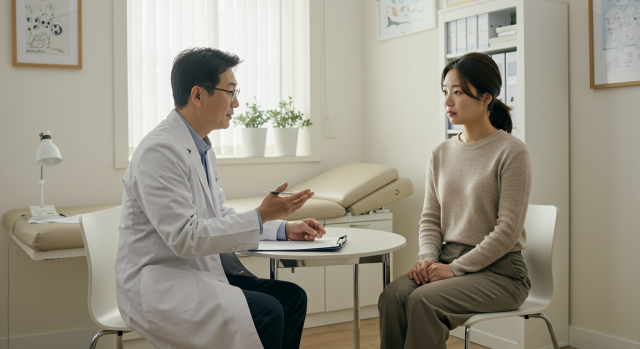 정신과 의사와 상담 중인 한국인 여성의 모습