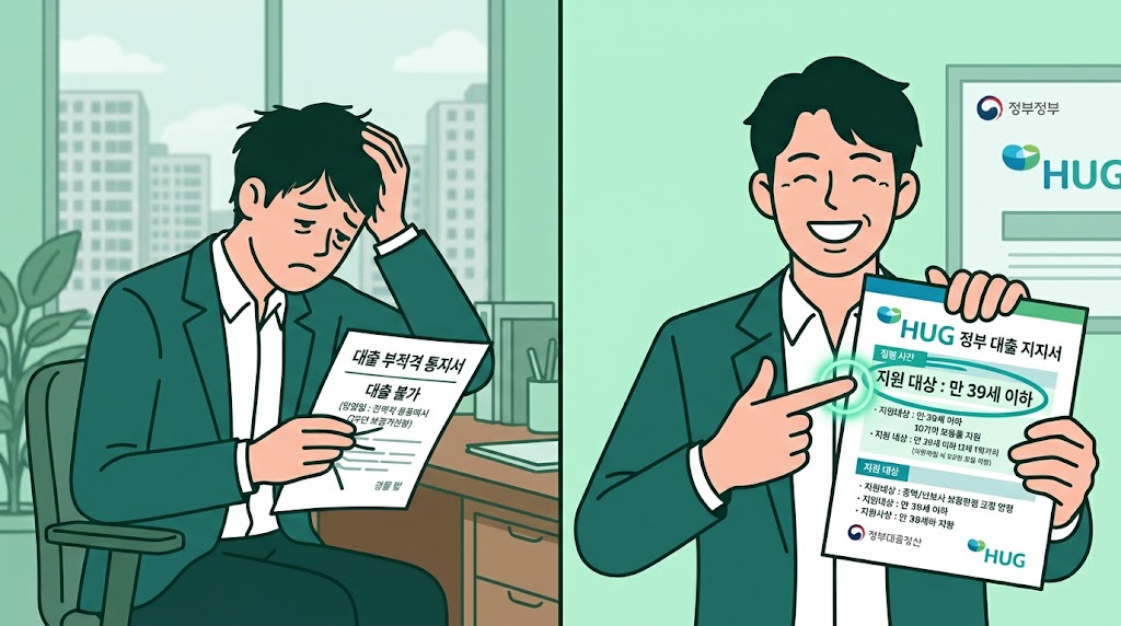 나이 제한 때문에 아쉬워하다가 확대 소식에 안도하는 30대 후반 직장인 일러스트