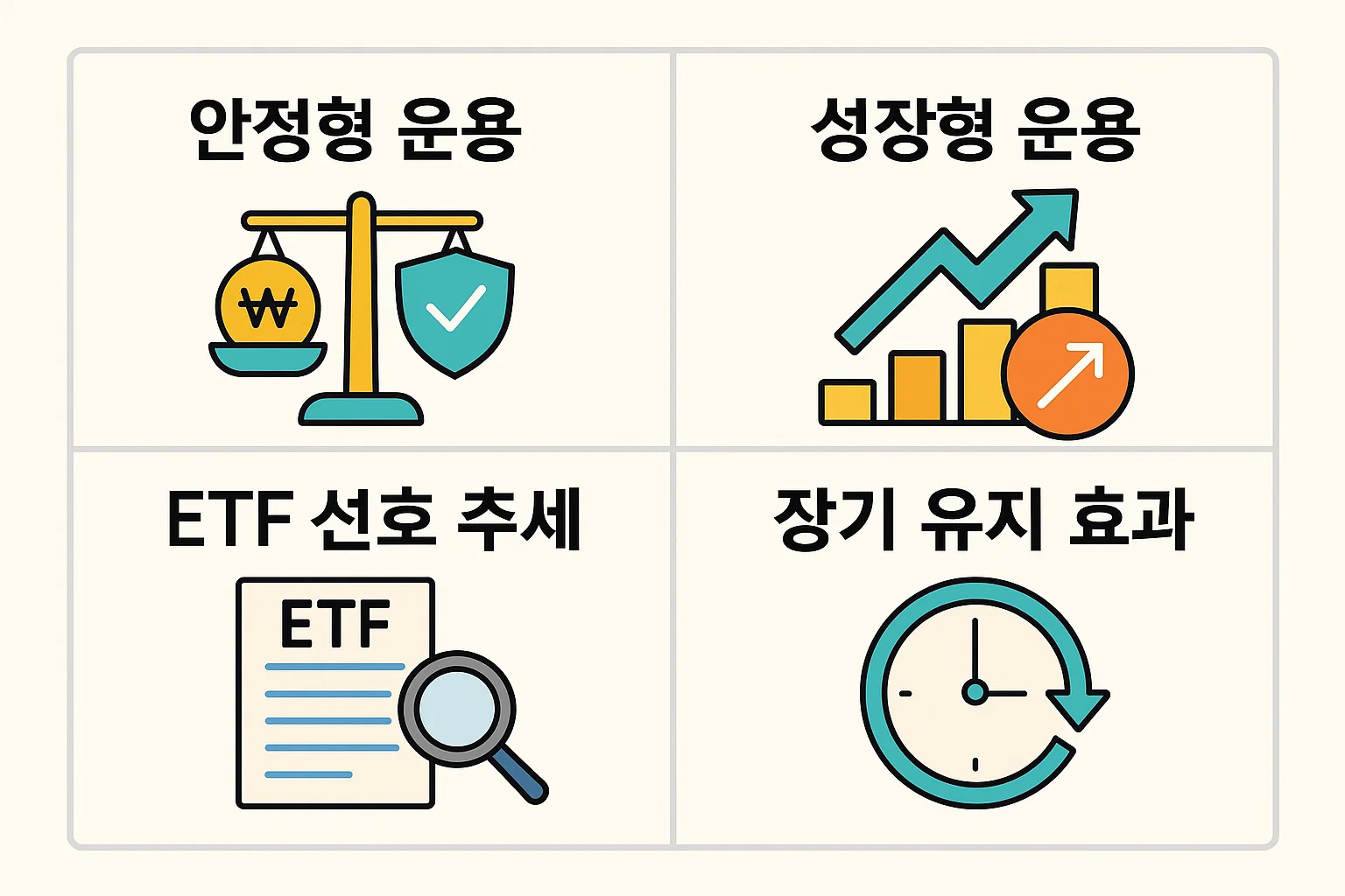 IRP퇴직연금의 안정형&middot;성장형 운용 전략, ETF 선호 추세, 장기 유지 효과를 실제 사례 중심으로 정리한 운용방식 비교 인포그래픽