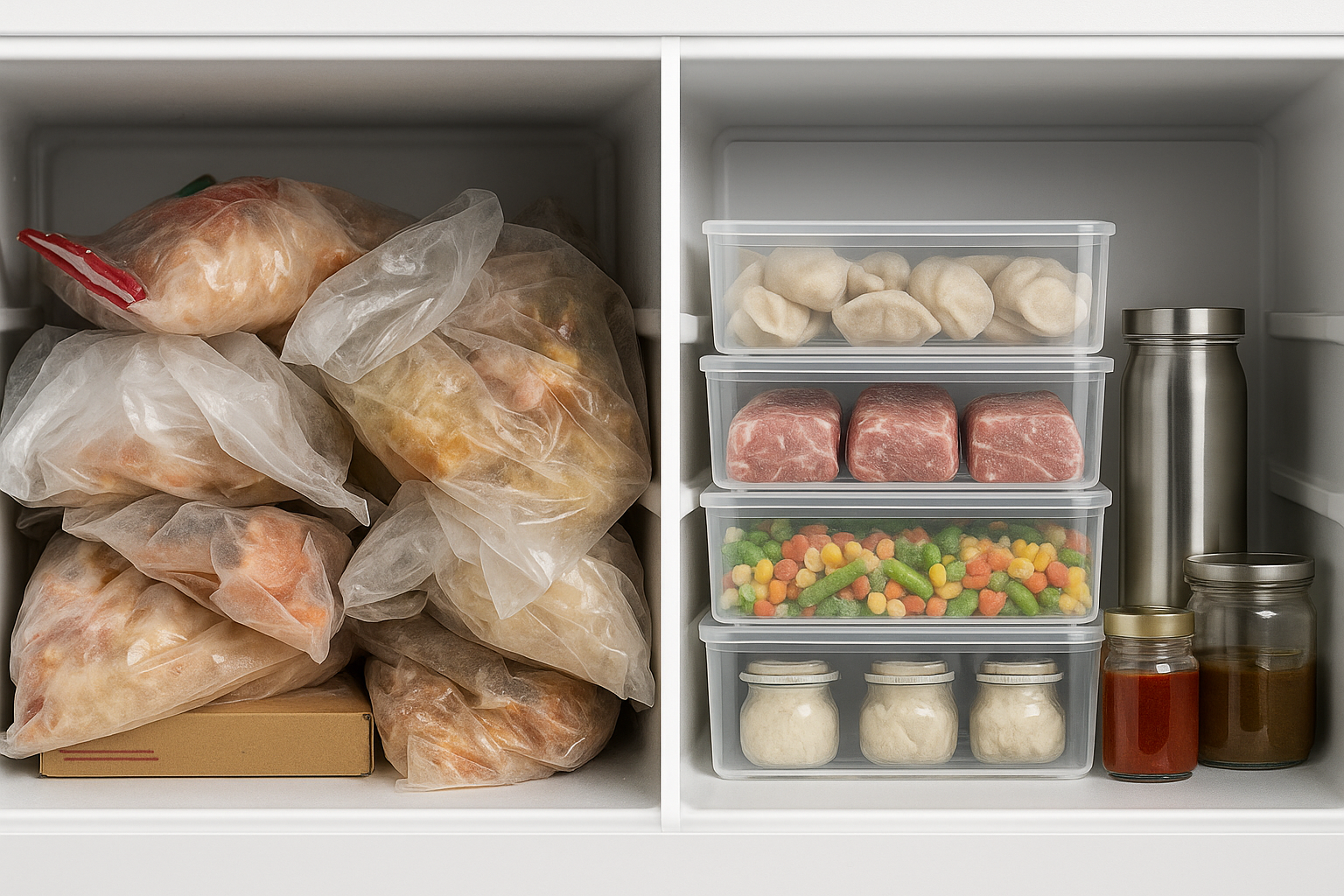 왼쪽에는 지퍼백에 담긴 냉동 식품들이 뒤엉켜 어지럽게 쌓인 냉동실 모습이 오른쪽에는 투명한 플라스틱 용기에 고기 만두 혼합야채가 가지런히 정리된 깔끔한 냉동실 모습이 나란히 비교된 모습
