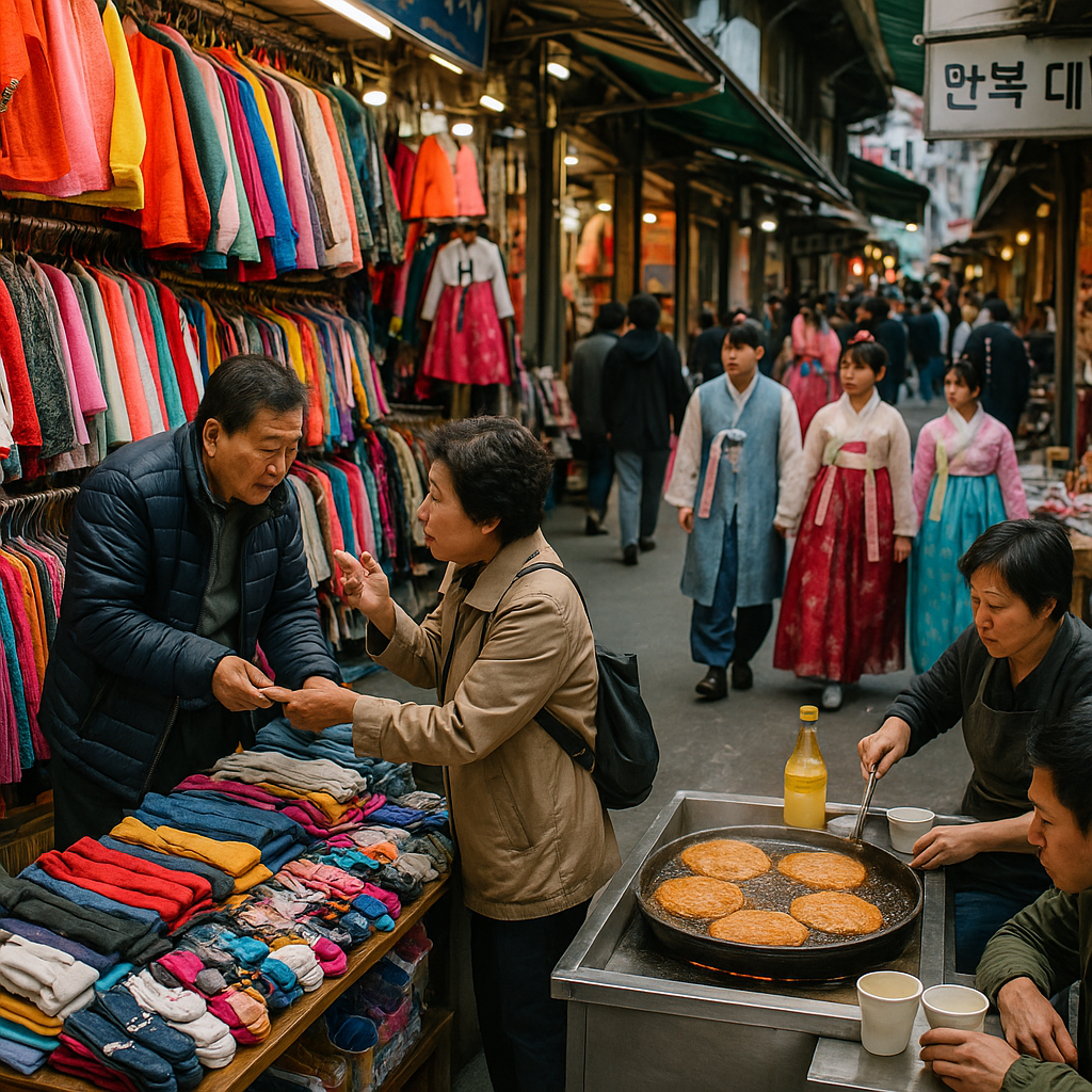 다채로운 의류 매대 앞에서 손님이 상인과 흥정을 벌이고, 옆 노점에서 빈대떡을 굽는 사이 한복 차림의 방문객들이 거리를 거니는 전통시장 풍경