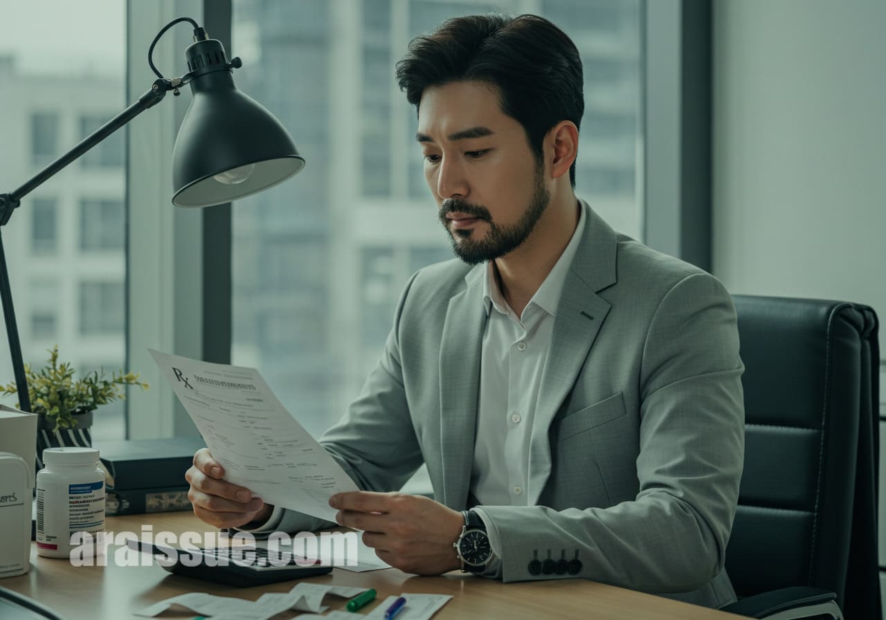 한국인 남성이 현대적인 사무실에서 영양제 처방전과 의료 영수증을 확인하는 장면. 환경은 깨끗하고 전문적인 느낌입니다.