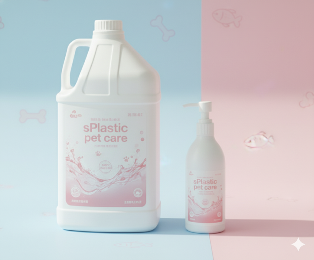 파스텔 톤 배경의 m4000과 s500 펌프 용기. 펫 샴푸 용기, 반려동물 용품 용기 B2B 대량구매 문의