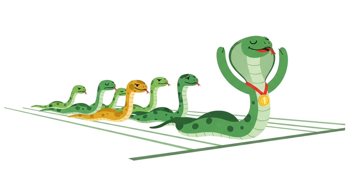 치열한 경쟁 속에서 우승하여 메달을 목에 걸고 기뻐하는 뱀 캐릭터 일러스트