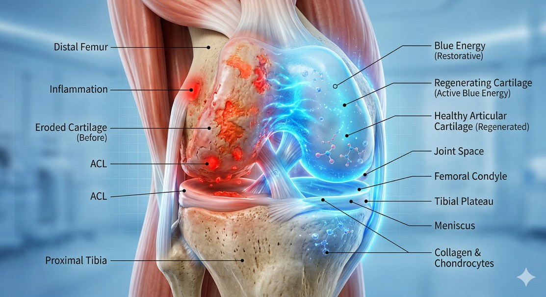 인체 무릎 관절 구조에서 염증이 사라지고 푸른색 에너지로 연골이 채워지는 3D 렌더링