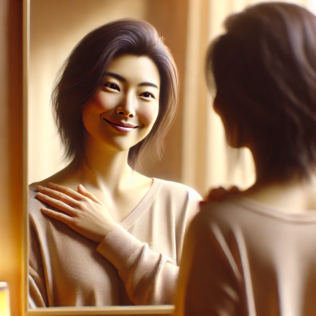거울 앞에서 스스로 응원하며 미소 짓는 사람