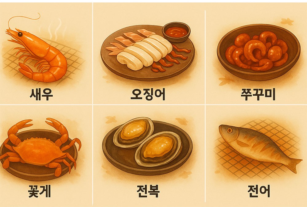 AI가 만들어준, 가을 해산물 여섯 가지 – 새우, 오징어, 쭈꾸미, 꽃게, 전복, 전어