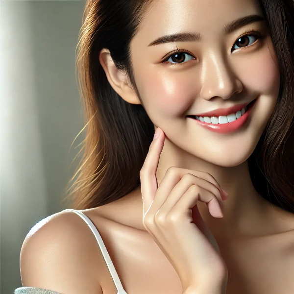 피부가 탱탱하고 윤기 나는 동양인 여성이 미소 짓는 모습