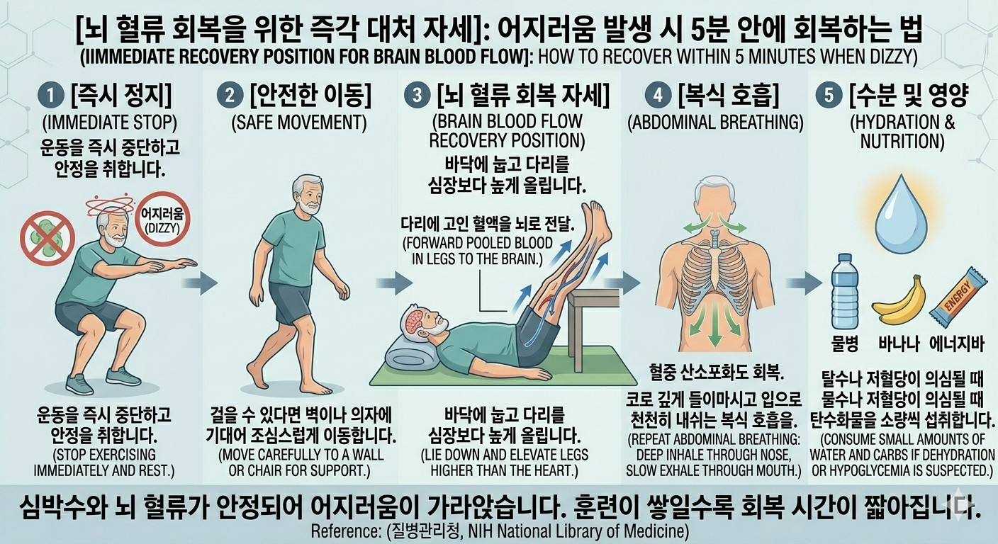 [뇌 혈류 회복을 위한 즉각 대처 자세]: 운동 중 어지러움이 발생했을 때, 바닥에 누워 다리를 심장보다 높게 올려 뇌로 혈액 공급을 원활하게 돕는 응급 처치 자세 가이드 도식
이미지출처: Gemini AI 생성
