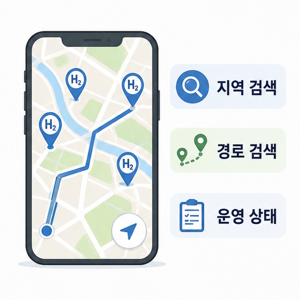 스마트폰 지도에서 지역과 이동 경로 주변의 수소충전소를 찾는 방법을 보여주는 그림