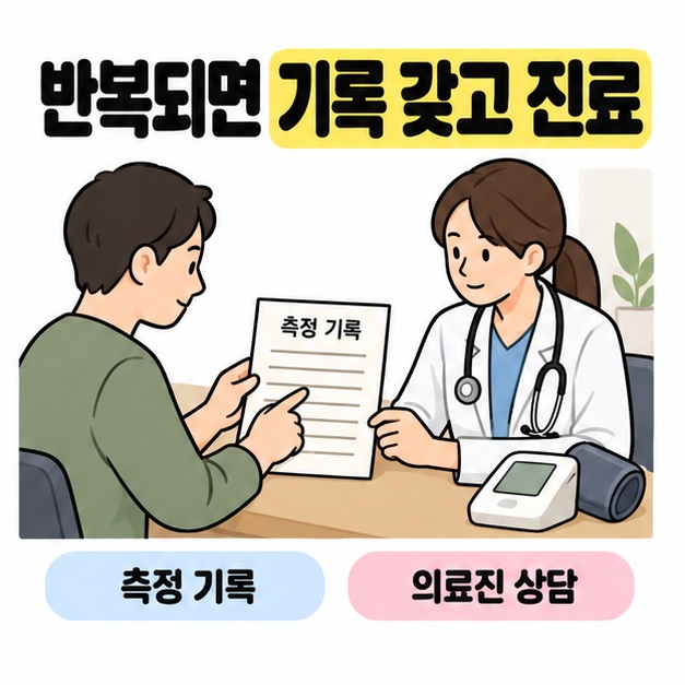환자가 측정 기록지를 의료진에게 보여 주고 함께 살펴보는 장면으로 높은 혈압이 반복되면 진료받도록 안내한 그림