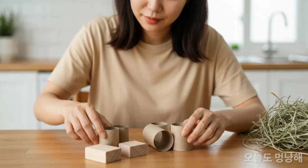 한 한국 여성이 집에서 햄스터와 토끼 장난감 DIY를 위해 안전한 재료들을 고르는 모습