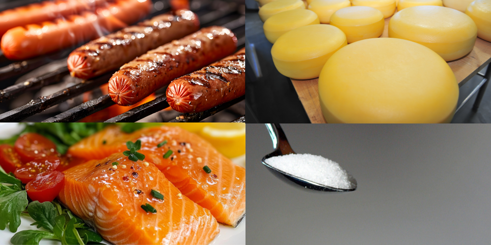 가공육, 숙성치즈, 훈제연어, 인공감미료 예시 사진