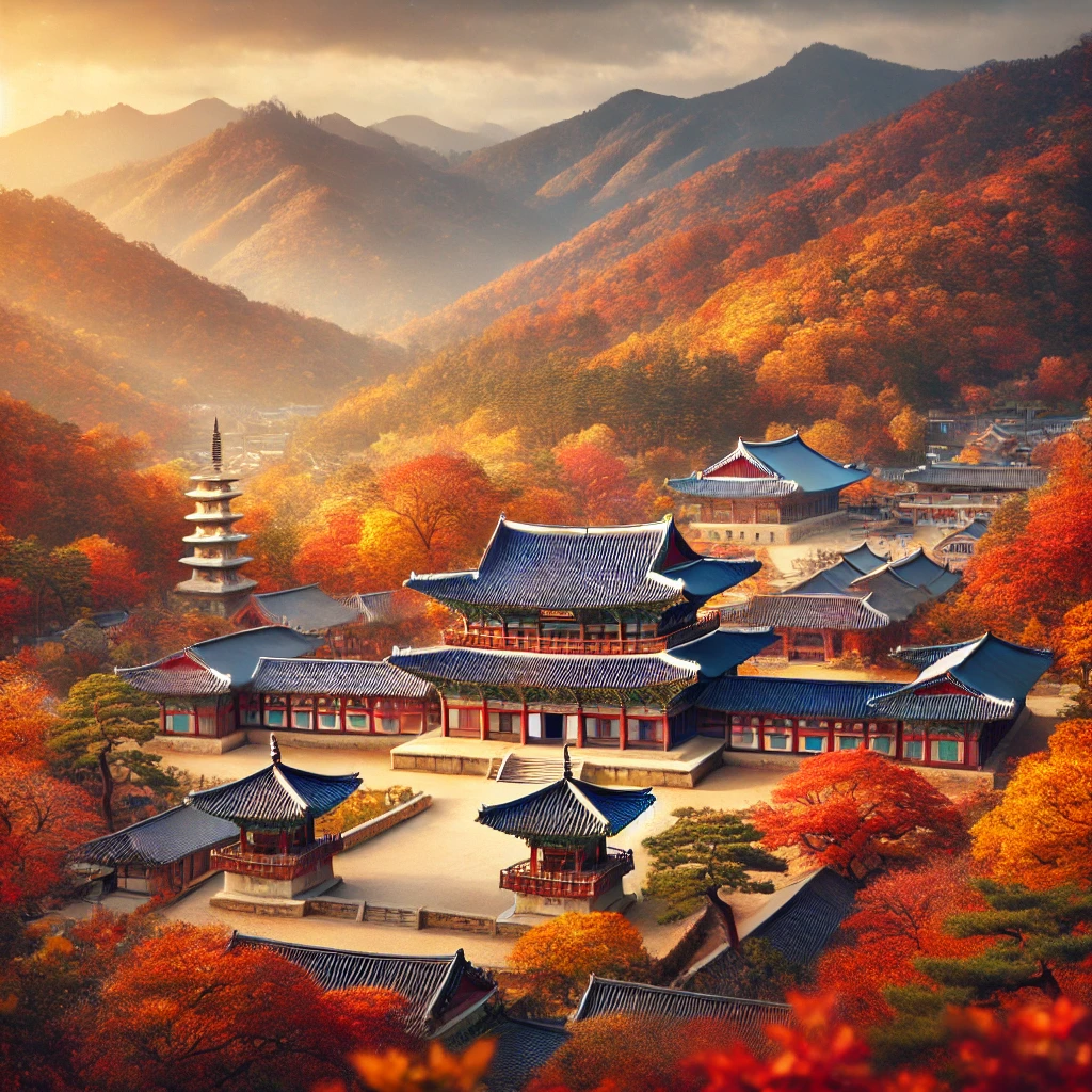 가을의 단풍으로 둘러싸인 경남 해인사 전경, 가야산의 아름다운 자연과 어우러진 역사적인 사찰 모습