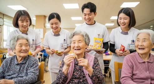 간식 나눠주는 요양보호사와 노인들&amp;#44; 웃는 표정