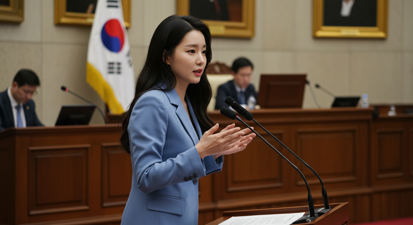 뭔가를 발표하는 여인