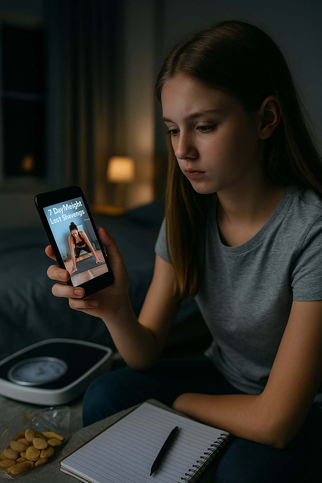 스마트폰으로 다이어트 정보를 보고 있는 소녀