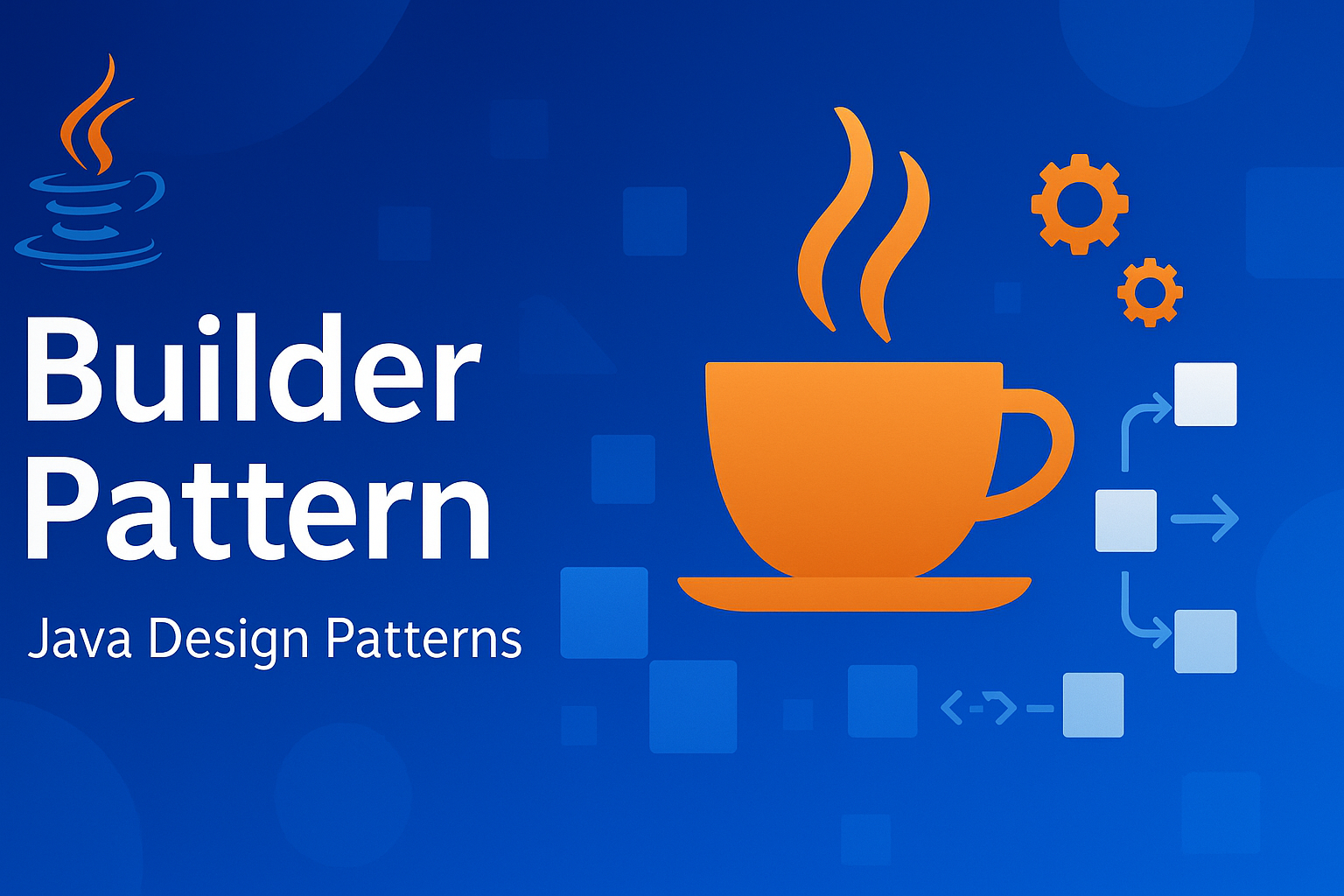 Java Builder Pattern tutorial thumbnail featuring coffee cup icon with building blocks, representing object construction in design patterns