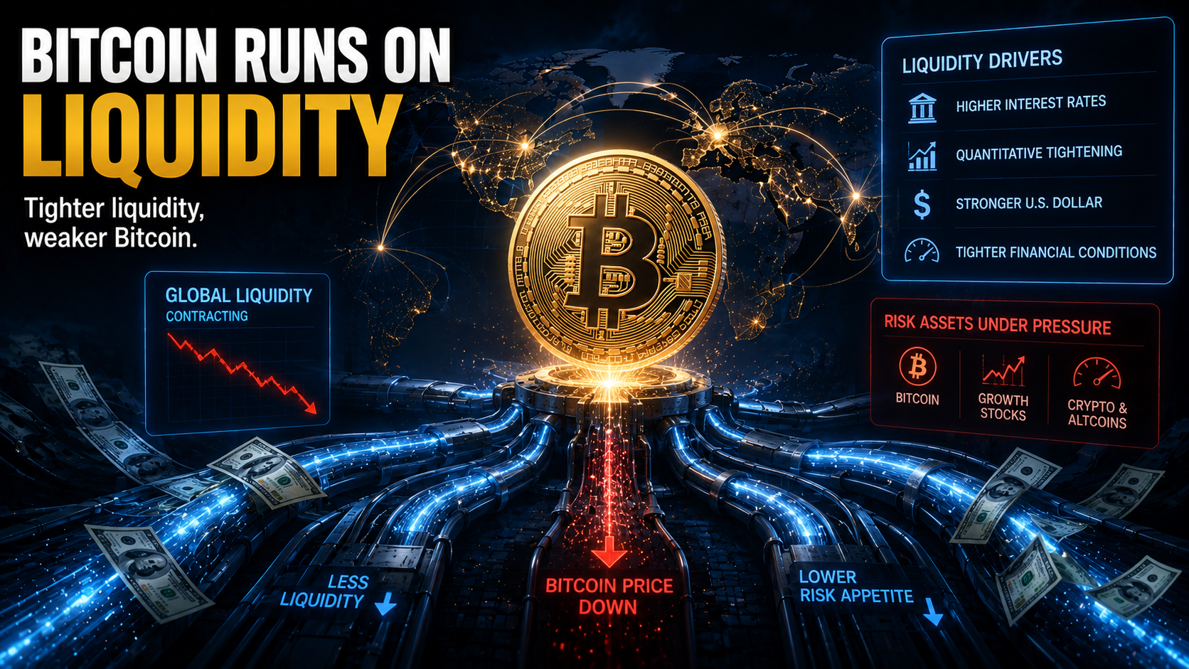 Bitcoin linked to global liquidity flows, showing how tighter monetary conditions and reduced liquidity can weaken cryptocurrency markets.