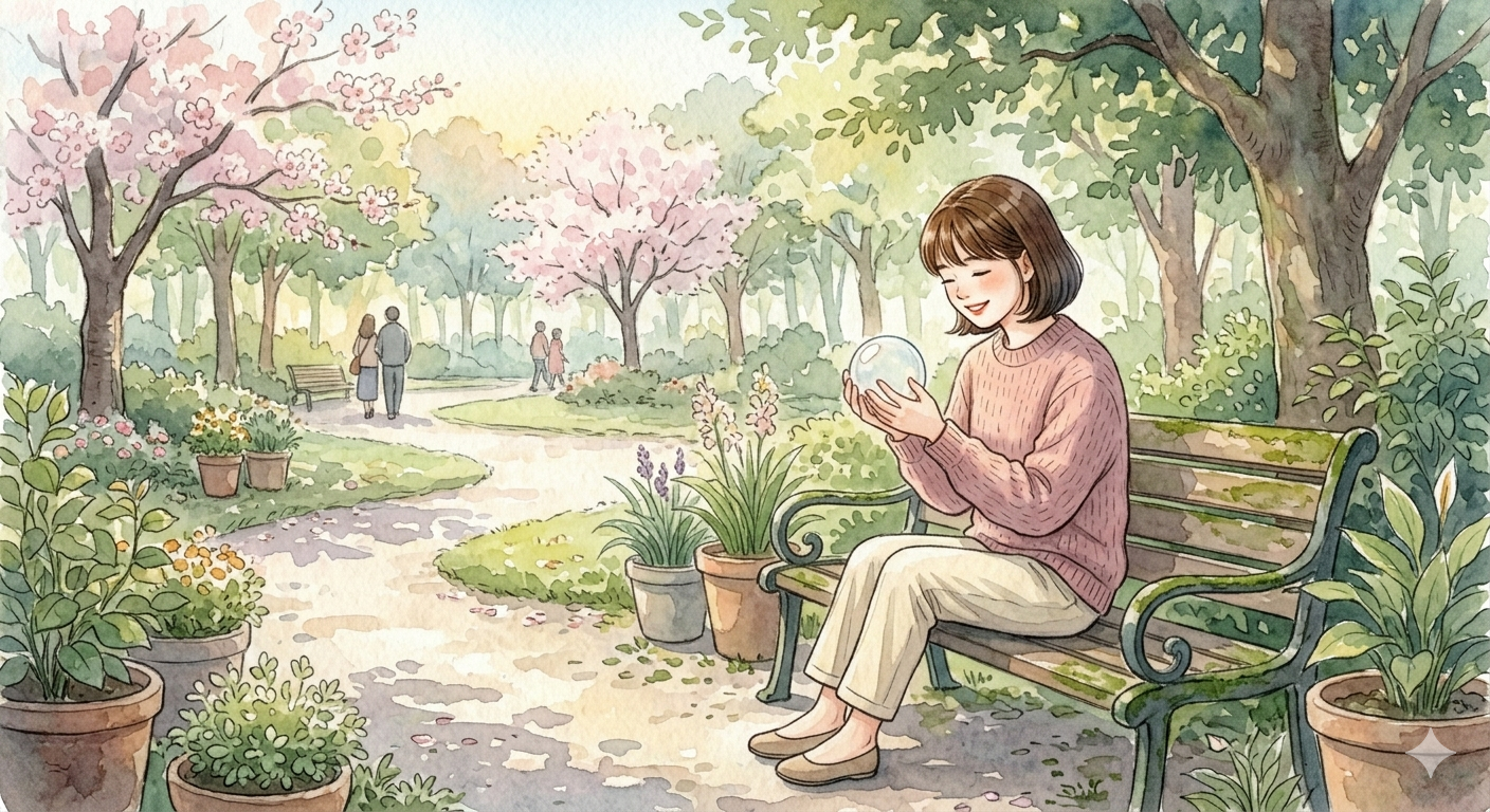 "수채화풍의 화창한 봄날 공원 벤치에 앉아 투명한 유리구슬을 두 손으로 감싸 쥔 채 따뜻하게 미소 짓는 여성의 모습. 만개한 벚나무와 평화로운 산책로를 배경으로 복잡한 인간관계에서 벗어나 온전히 혼자만의 시간을 가지며 정서적 안식과 치유를 얻는 심리적 상태를 시각화함."