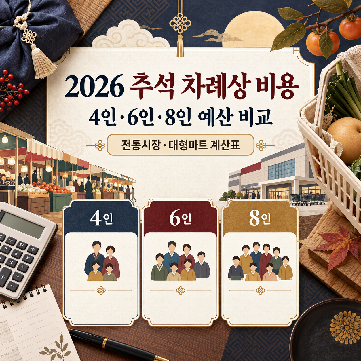 2026 추석 차례상 비용 계산표 - 4인·6인·8인 가족 장보기 예산 비교