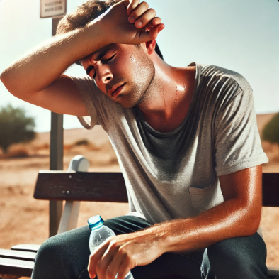 날씨가 더워 벤치에서 앉아있는 사람