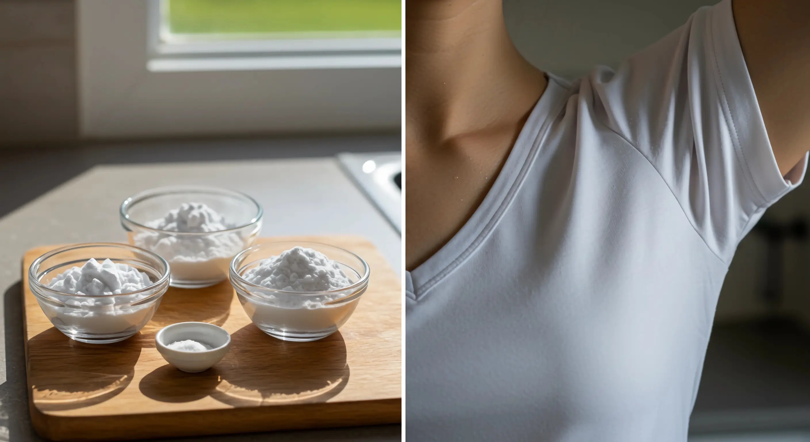 나무 도마 위에 놓인 베이킹소다, 구연산, 과탄산소다가 각각의 유리그릇에 담겨 있고, 그 옆에 깨끗하게 세탁된 흰색 옷이 놓여있는 모습