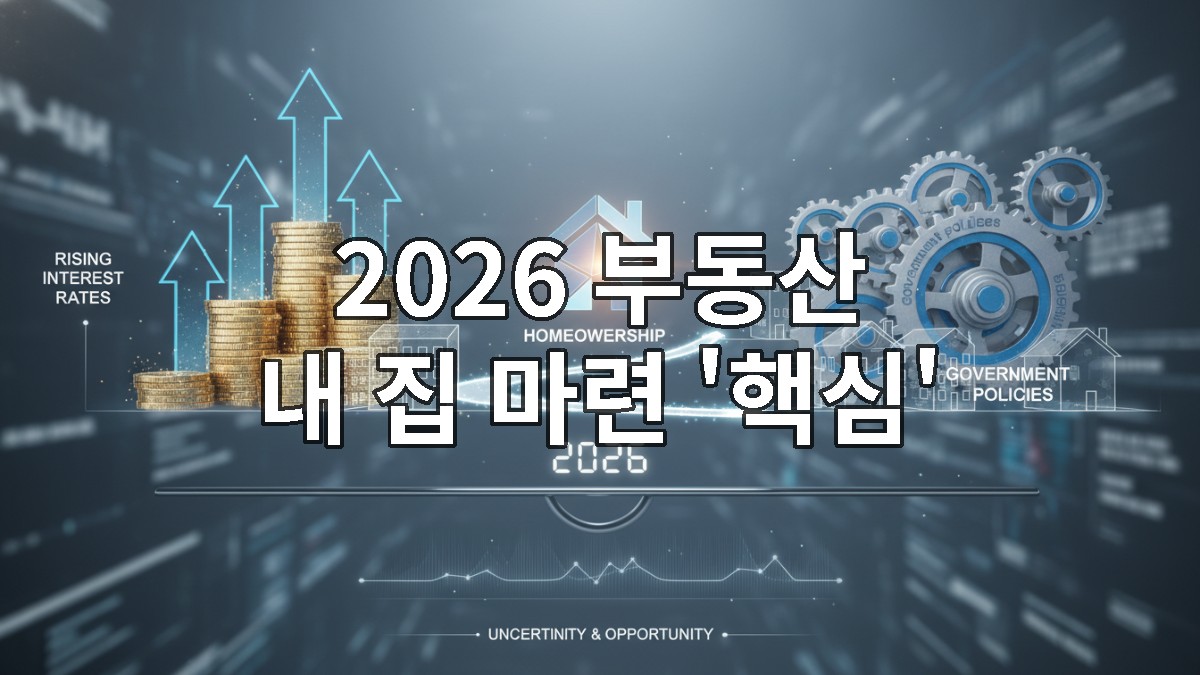 2026년 부동산 시장 전망과 금리, 정책, 주택을 나타내는 균형 잡힌 시각적 은유 이미지