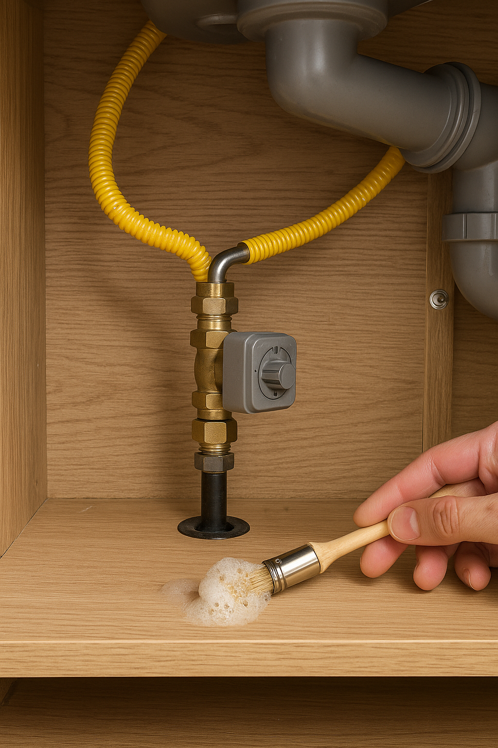 싱크대 하부장 가스 배관과 밸브 연결부에 비눗물을 발라 누설을 점검하는 모습