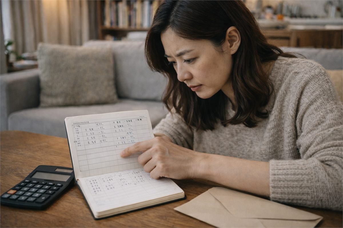 집에서 노트와 계산기로 가구 정보를 비교하는 여성 장면 
