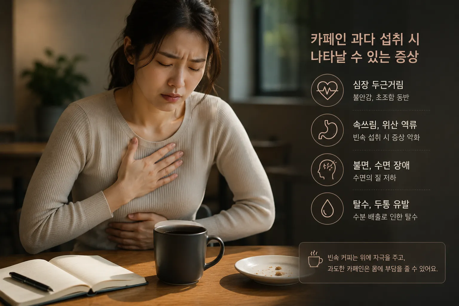 카페인 과다로 인한 두근거림과 속쓰림을 표현한 이미지
