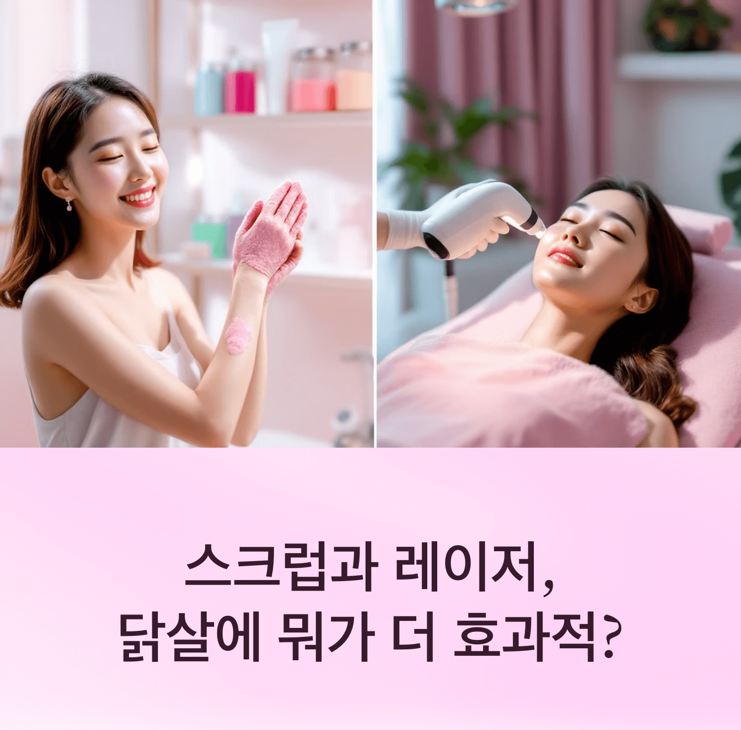 한쪽에는 바디스크럽을 사용하는 한국인 여성, 다른 한쪽에는 레이저 치료를 받는 모습을 나란히 보여주는 분할 이미지