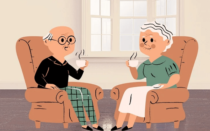 소파에-마주-앉아-서로를-바라보며-커피-마시는-노부부