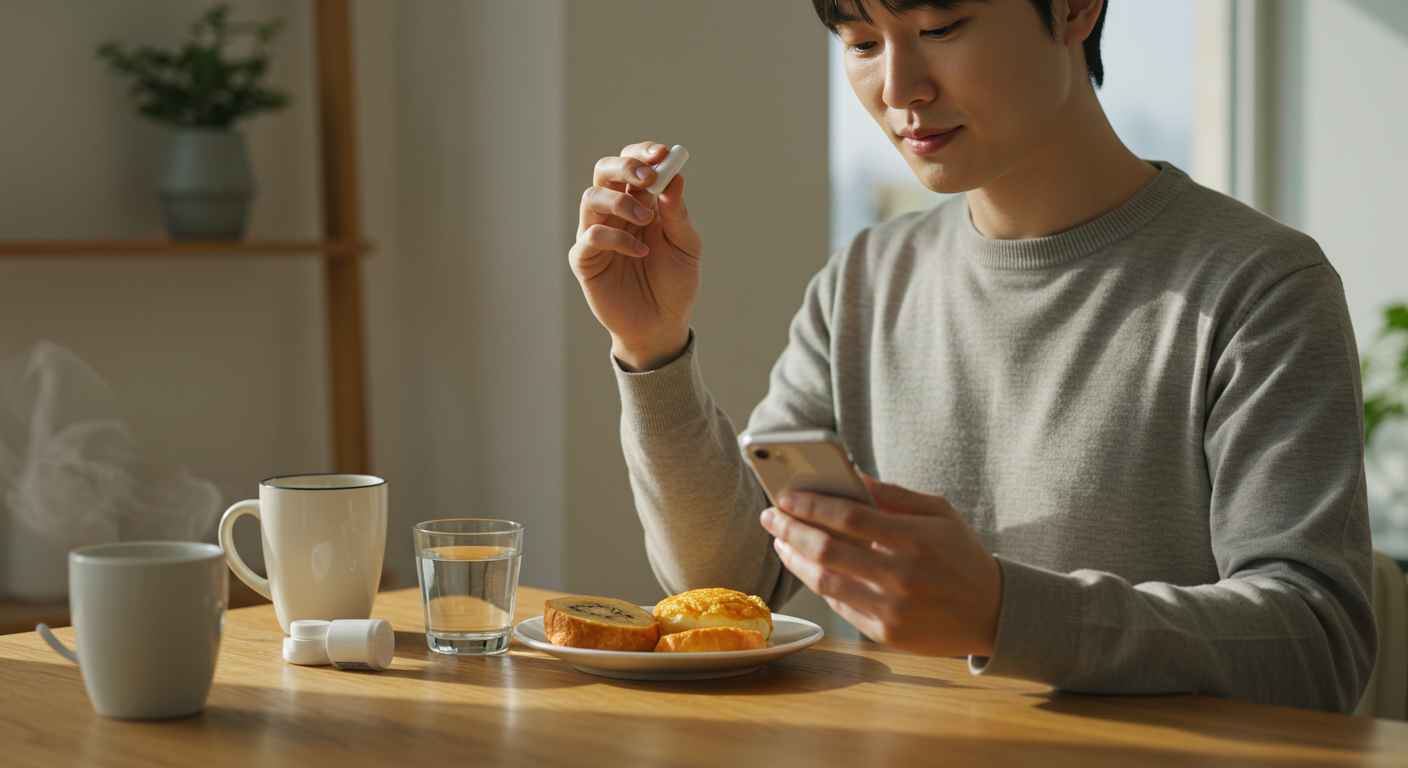 아침 식사 후 유산균 복용하는 모습