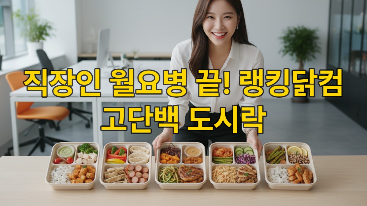 다양한 랭킹닭컴 고단백 도시락 5개가 정갈하게 놓인 사무실 책상, 활기찬 한국인 직장인이 마지막 도시락을 배치하는 모습