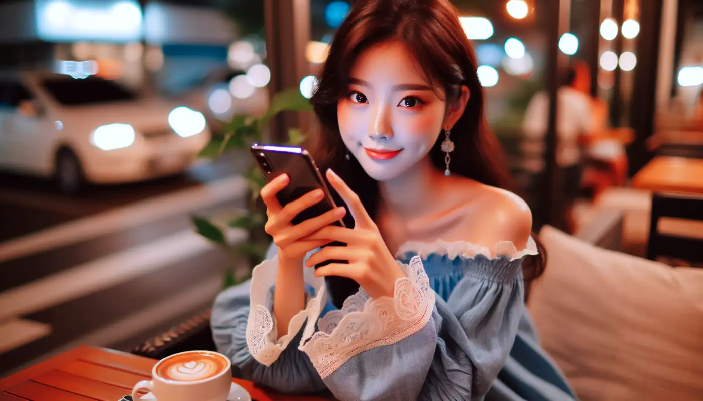 카카오톡-테마-다운로드하는-여성의-모습