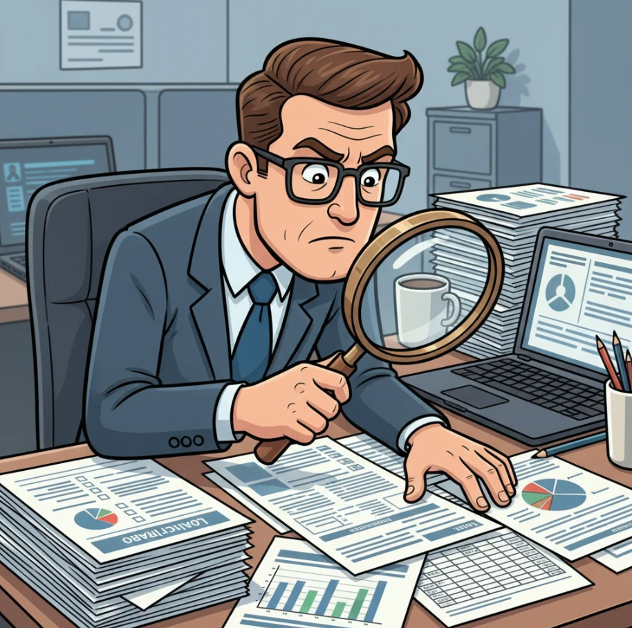 돋보기를 들고 서류를 분석하는 직장인 일러스트